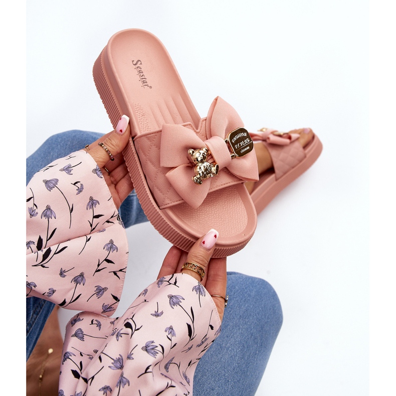 Chinelos femininos com laço e ursinho de pelúcia, rosa Katerina 1