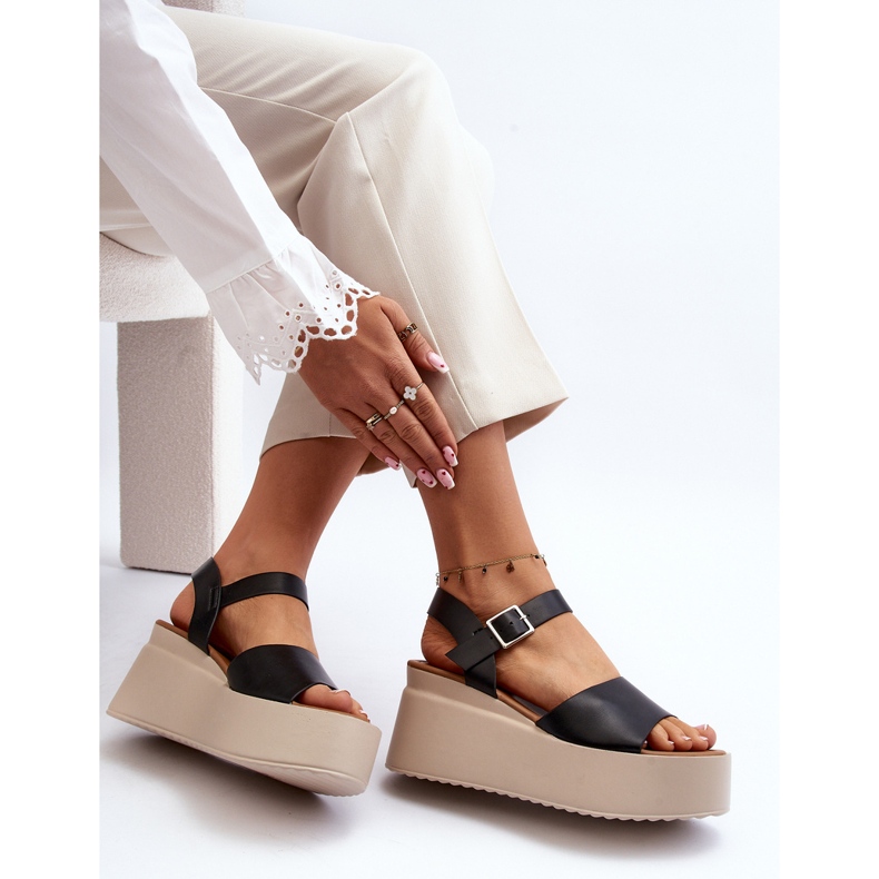 Sandálias femininas pretas de cunha Geferia preto 1