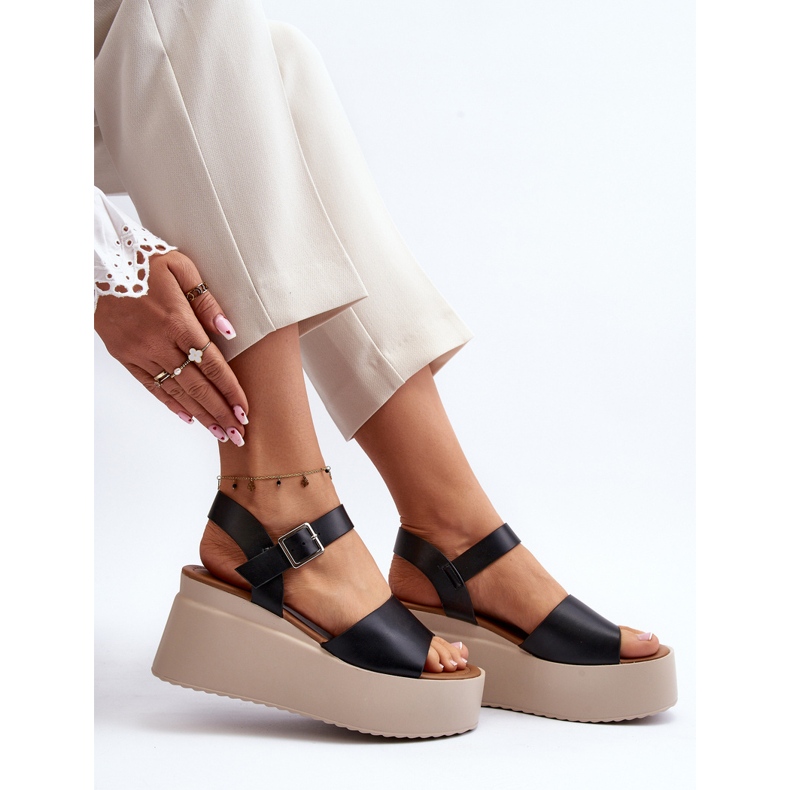 Sandálias femininas pretas de cunha Geferia preto 2