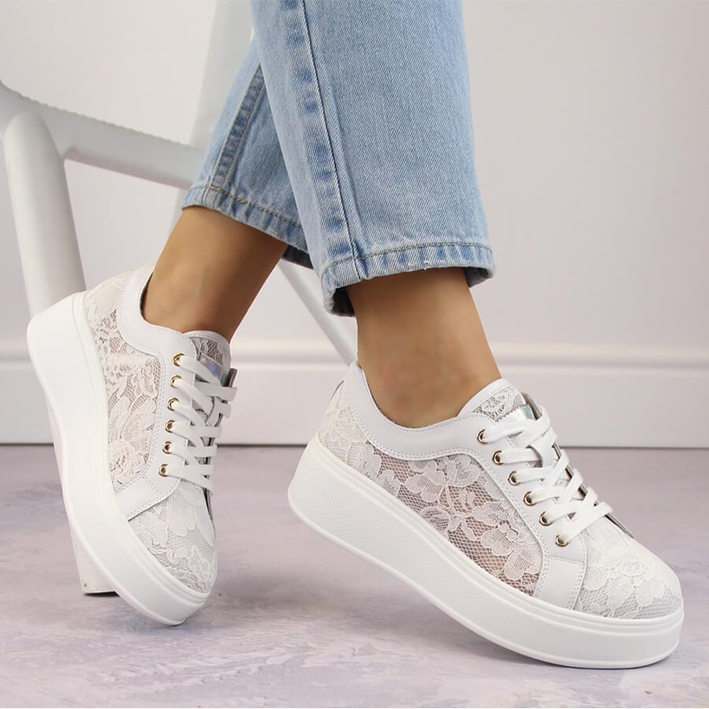 Calçado desportivo feminino com plataforma de renda, branco S.Barski HY025 1