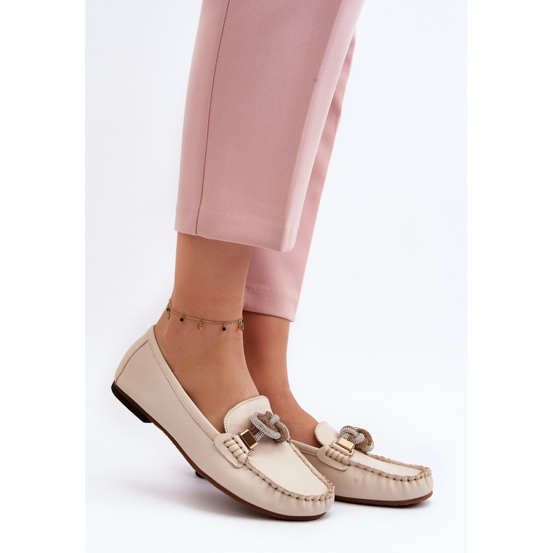 Mocassins femininos de couro com decoração Laura Messi 2761 Bege Claro 2