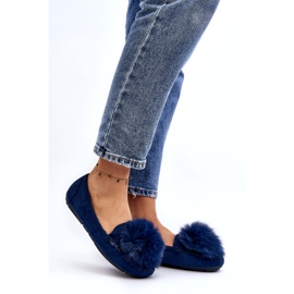Mocassins azuis femininos com pêlo e pompom azul 1