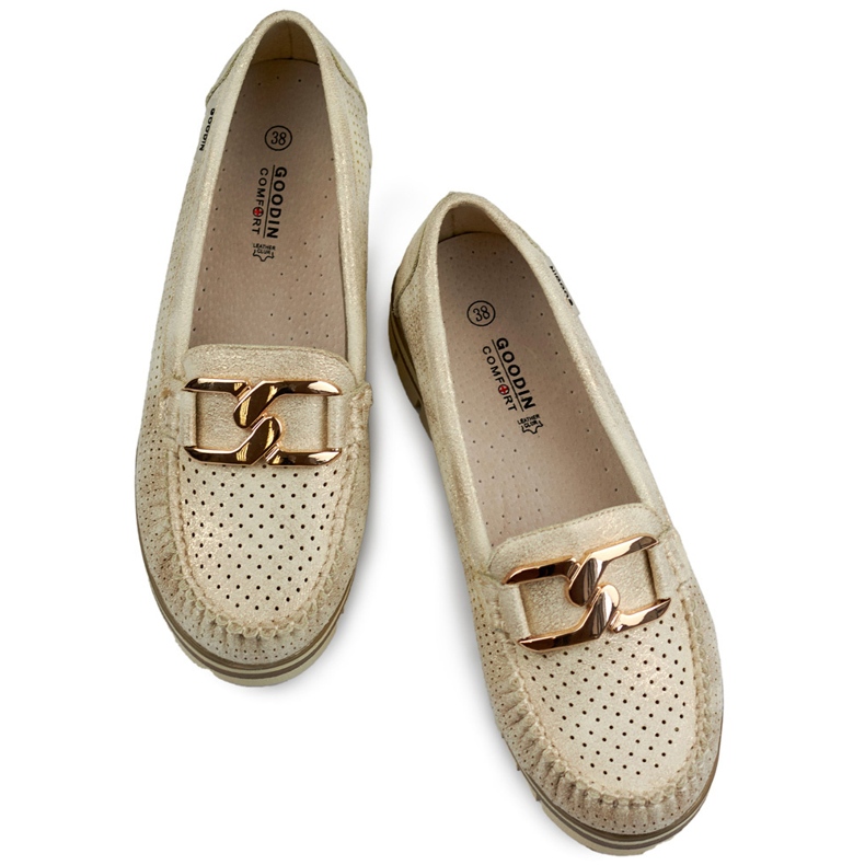 Mocassins femininos confortáveis e elegantes com aberturas, sapatos dourados com aberturas bege 1 Mocassins femininos confortáveis e elegantes com aberturas, sapatos dourados com aberturas bege 1