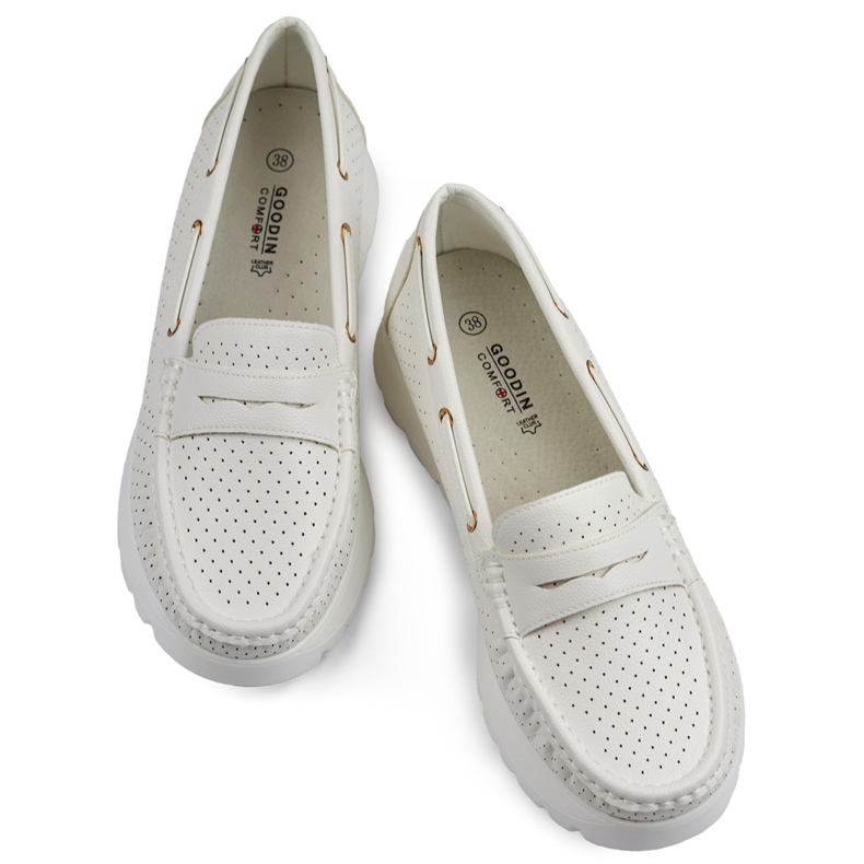 Mocassins femininos brancos perfurados e confortáveis ​​com palmilha de couro 1