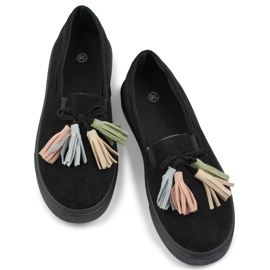 Sapatos femininos pretos com franjas coloridas, mocassins pretos com franjas 1