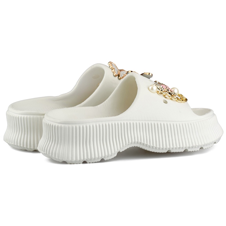 Chinelos femininos de borracha branca com enfeites branco 1
