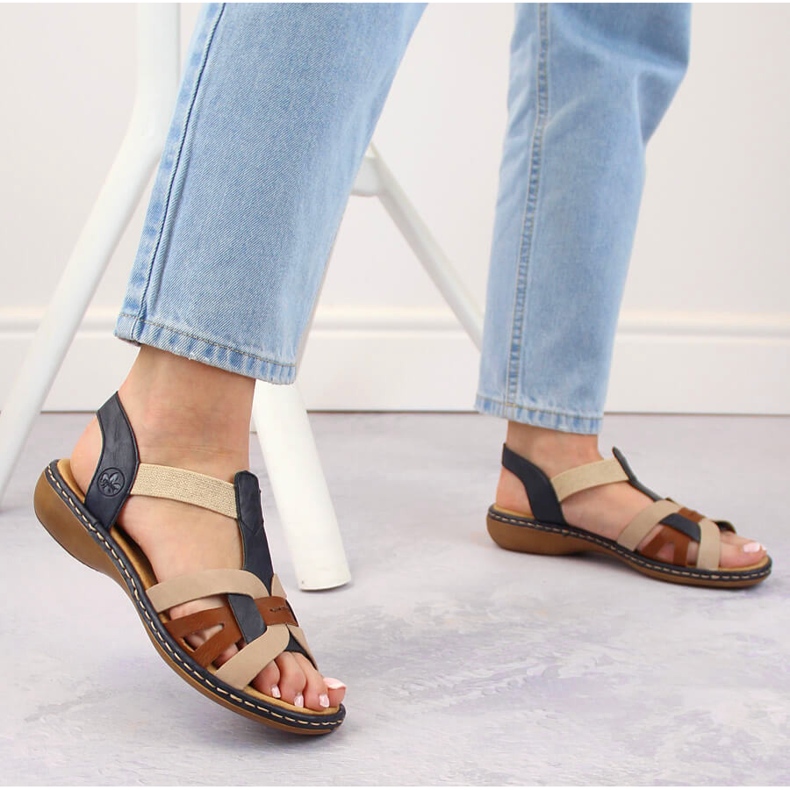 Sandálias femininas confortáveis ​​com elásticos multicoloridos, Rieker 65918-90 bege 2