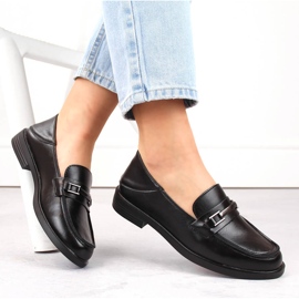 Mocassins femininos de couro com salto baixo, pretos Vinceza 58233 1