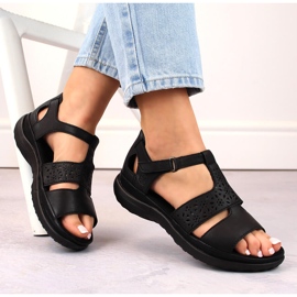 Sandálias femininas confortáveis ​​de couro com velcro, pretas Rieker 64865-01 preto 1