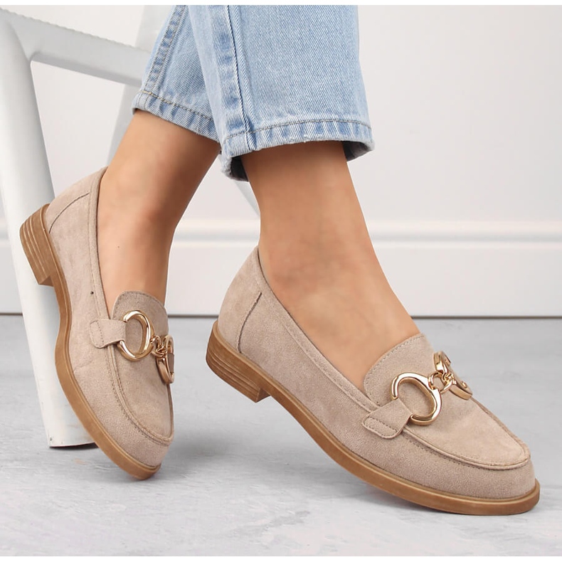 Sapatos femininos de camurça, mocassins de salto baixo, bege Vinceza 58235 1