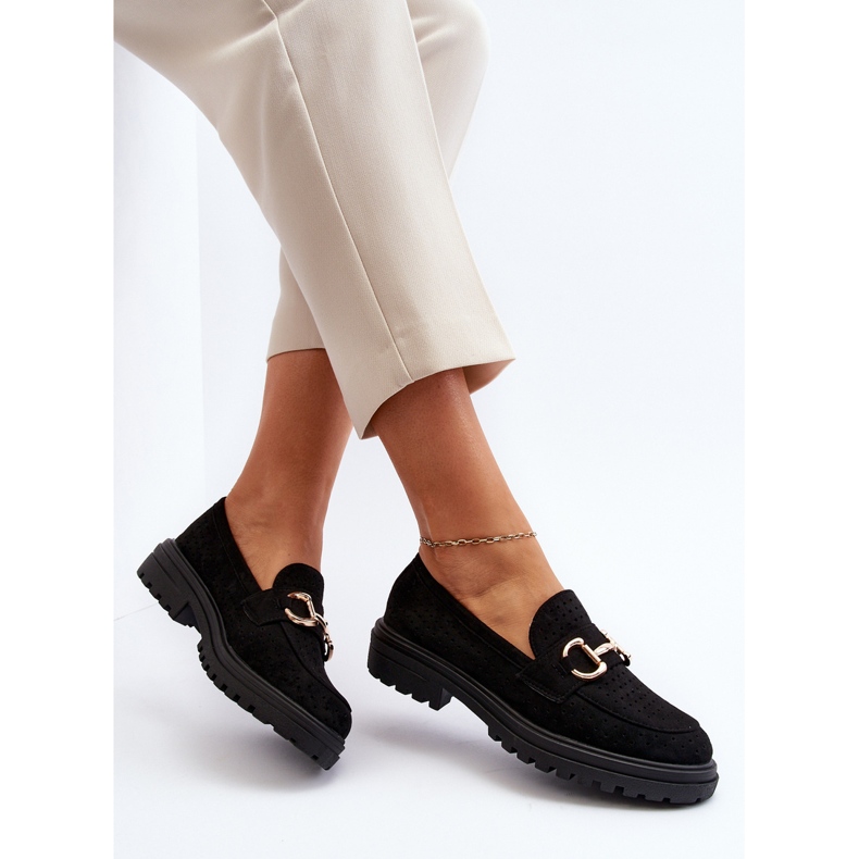 Mocassins femininos perfurados com decoração, Talesse preto 2