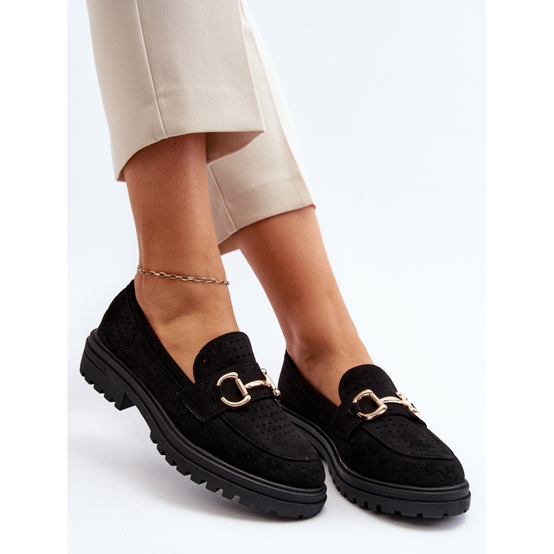 Mocassins femininos perfurados com decoração, Talesse preto 1