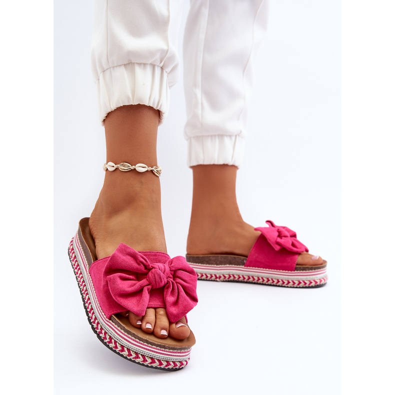 Chinelos femininos em plataforma com laço fúcsia Evatria rosa 2 Chinelos femininos em plataforma com laço fúcsia Evatria rosa 2