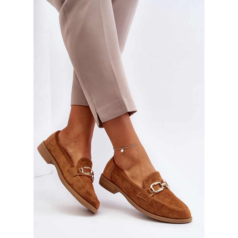 Mocassins femininos de camurça com salto plano Camel Misal marrom 1