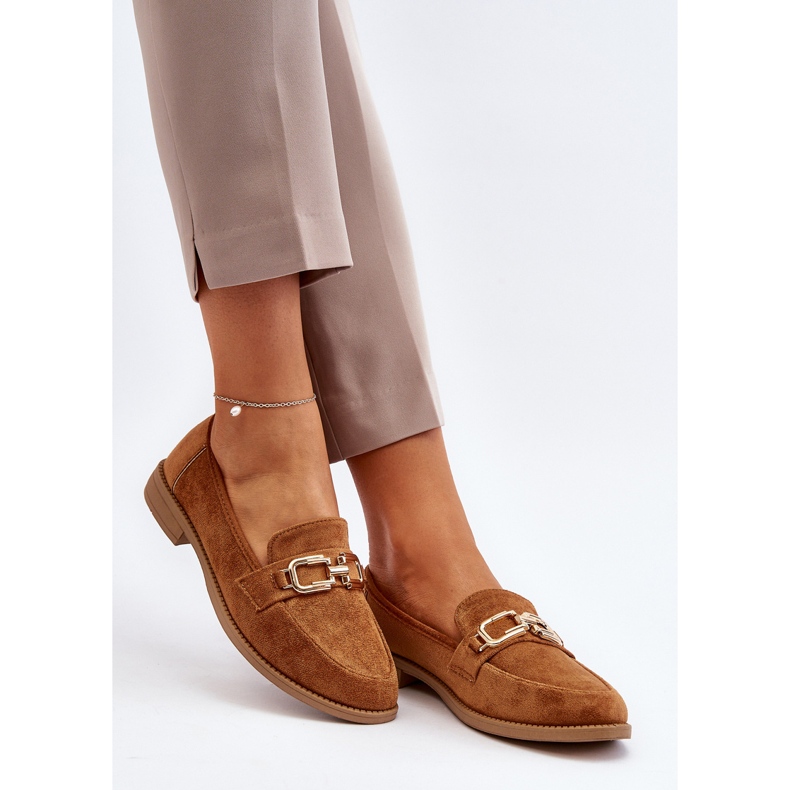 Mocassins femininos de camurça com salto plano Camel Misal castanho 2