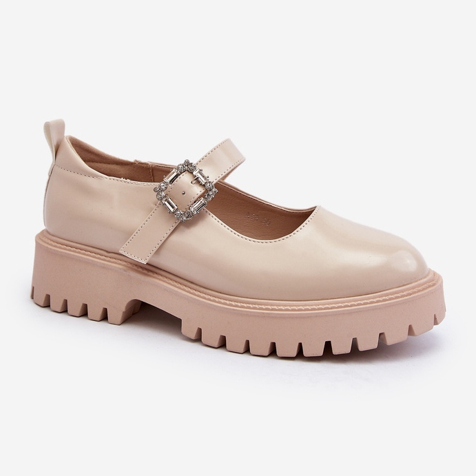 Sapatos femininos de couro envernizado com fivela decorativa, bege Lindnessa 1