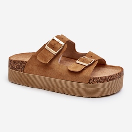 Chinelos femininos com plataforma Camel Lolpey e fivelas castanho 1