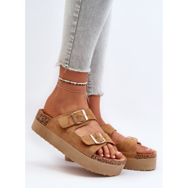 Chinelos femininos com plataforma Camel Lolpey e fivelas castanho 2