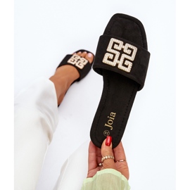 Chinelos femininos de salto baixo com decoração, preto Inaile 2