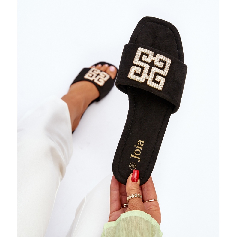 Chinelos femininos de salto baixo com decoração, preto Inaile 2
