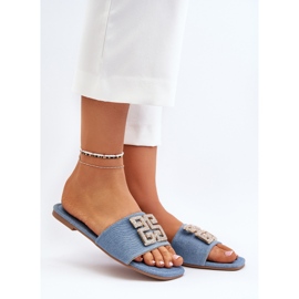 Chinelos jeans femininos com salto plano e decoração, azul Inaile 1