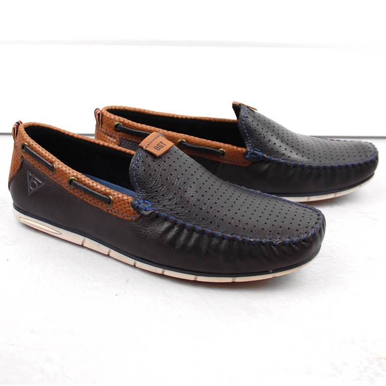 Sapatos masculinos de couro, mocassins slip-on, Bugatti azul marinho NN153339 1