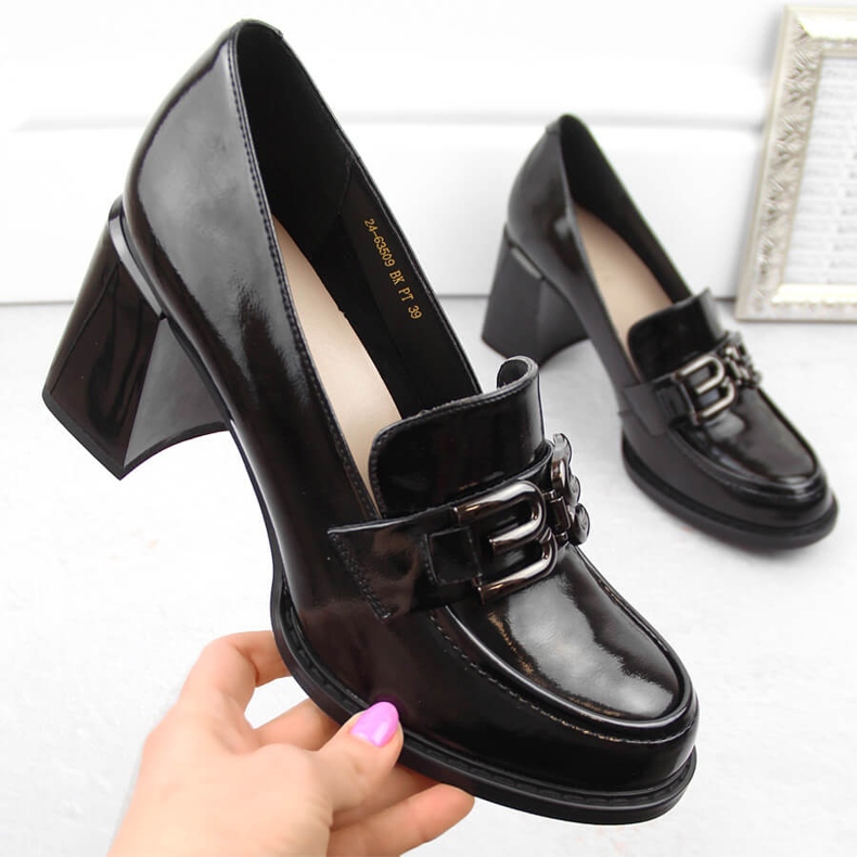 Sapatos femininos de couro envernizado de salto alto, pretos, Vinceza 63509 1