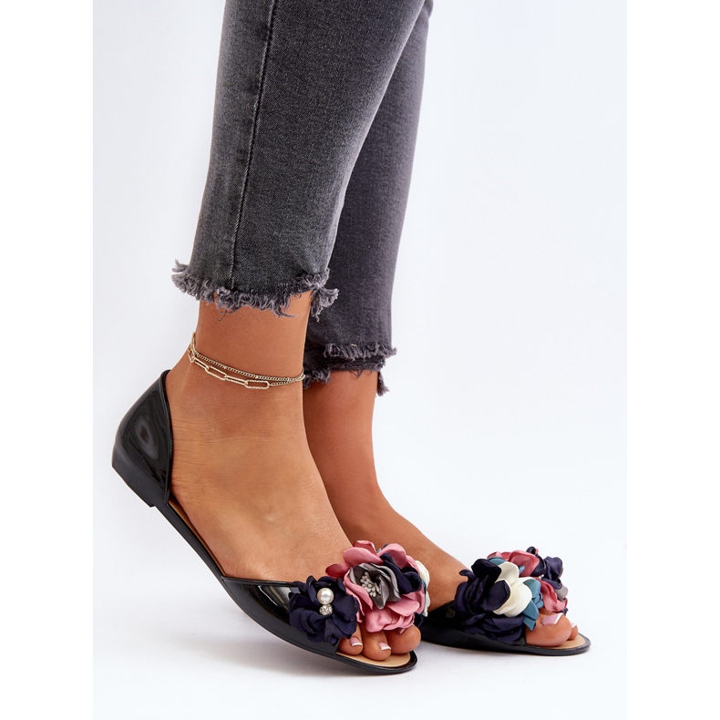 Bailarinas femininas de borracha com flores pretas Junikla preto 2