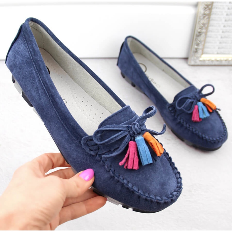 Mocassins femininos de couro camurça com franjas, azul marinho Filippo DP6136 1