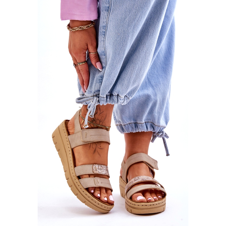 Vinceza Sandálias femininas de couro com velcro, bege 1