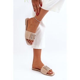 Chinelos femininos de salto baixo com decoração, bege Inaile 1