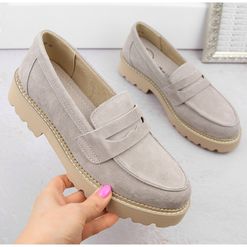 Sapatos de camurça de couro mocassins femininos cinza Filippo DP6090 bege 1