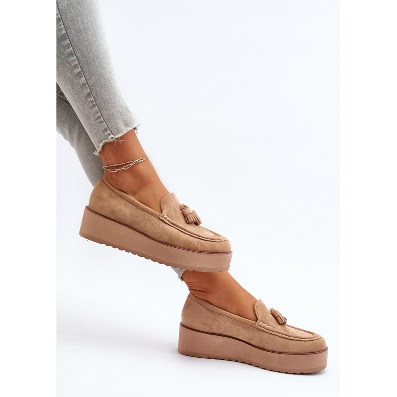 Mocassins femininos em plataforma com franjas, marrom Mialani castanho 1