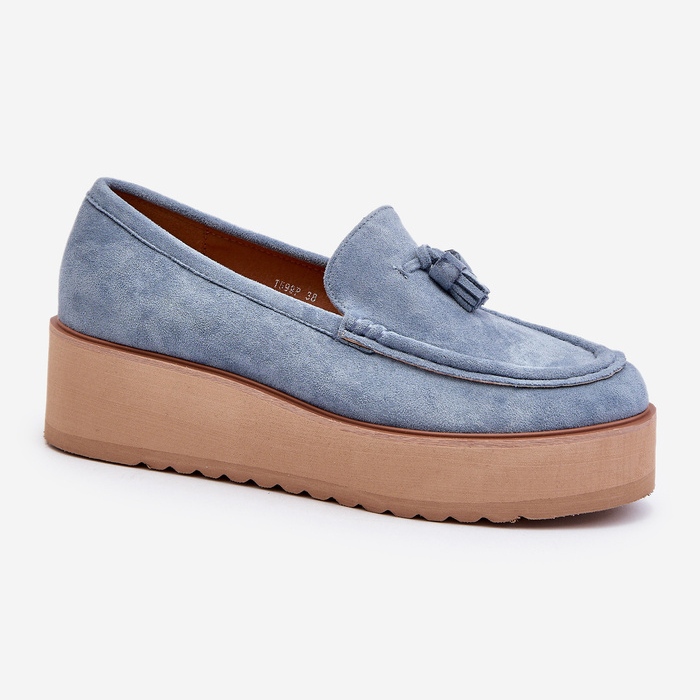 Mocassins femininos com plataforma e franjas, Azul Mialani 1