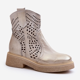 Zazoo 3470 Botins femininos de couro com salto plano, perfurados, ouro escovado dourado 2