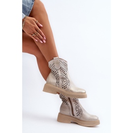 Zazoo 3470 Botins femininos de couro com salto plano, perfurados, ouro escovado dourado 1