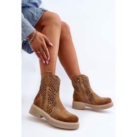 Zazoo 3470 Botas femininas de camurça com salto plano, perfuradas, bege 2