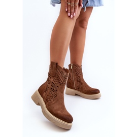Zazoo 3470 Botas femininas de camurça com salto plano, marrom vazado 2