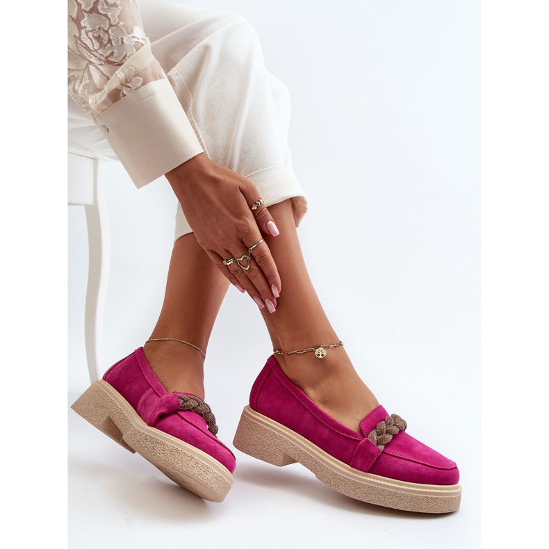 Mocassins femininos de camurça Zazoo 3429/W com decoração fúcsia rosa 1
