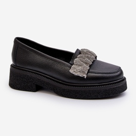 Mocassins femininos de couro Zazoo 3419 com alça decorativa, pretos 1