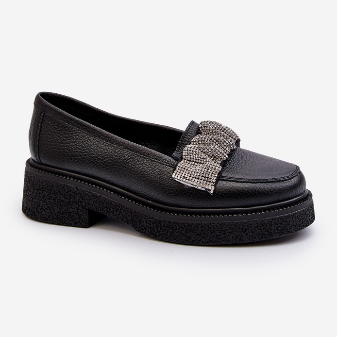 Mocassins femininos de couro Zazoo 3419 com alça decorativa, pretos 1