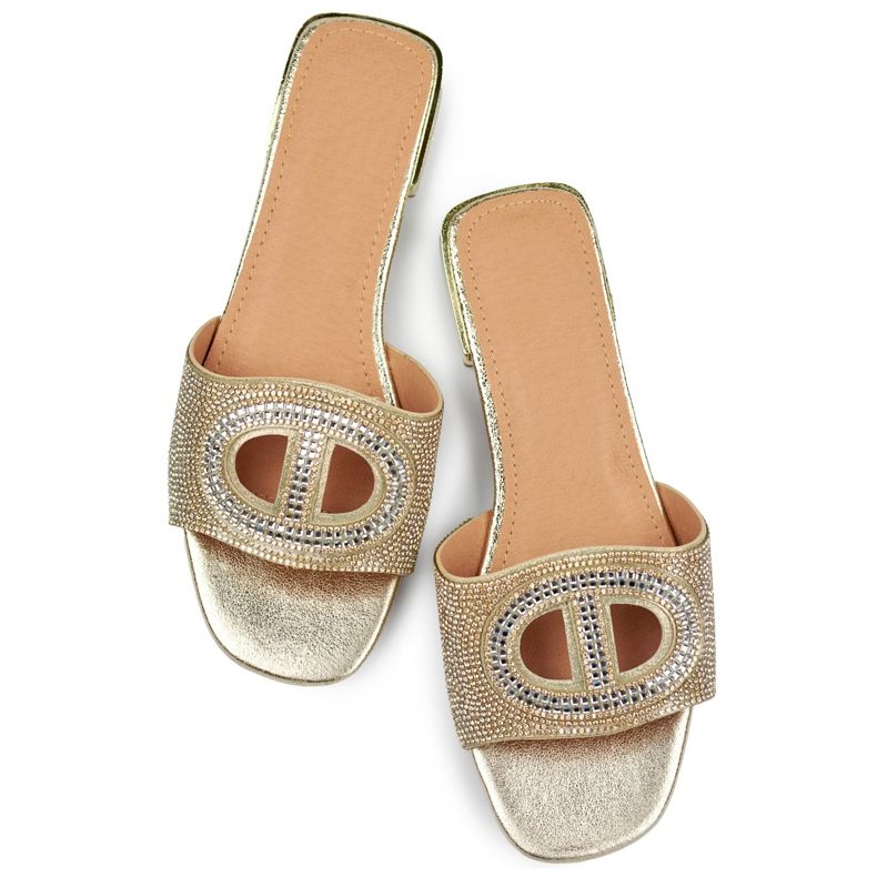 Chinelos femininos elegantes de lantejoulas douradas de salto baixo dourado 1