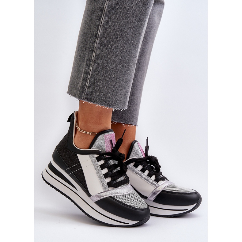 Tênis feminino de cunha e plataforma com glitter preto Rafani 2