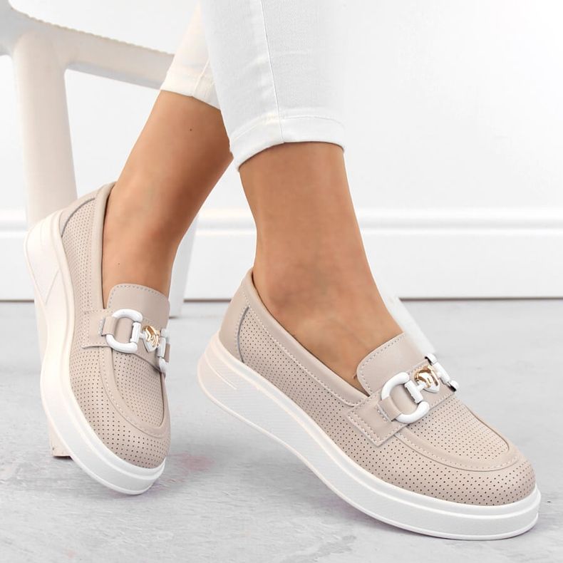 Sapatos femininos de couro, mocassins em plataforma, bege S.Barski LR720 1