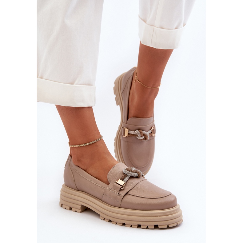 Mocassins femininos de couro com decoração Laura Messi 2780 bege escuro 1