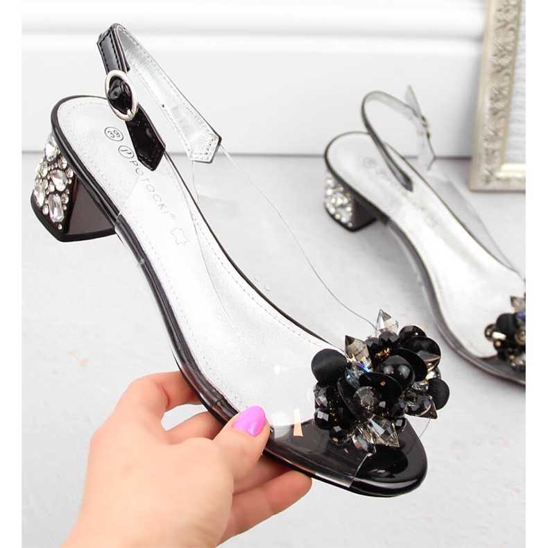 Sandálias femininas transparentes com miçangas, pretas Potocki WS43300 preto 1