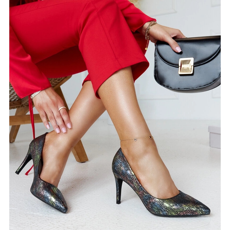 Salto alto metálico preto com inserção Gantier de couro 1 Salto alto metálico preto com inserção Gantier de couro 1