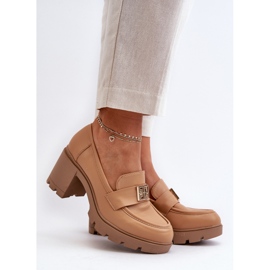 Sapatos femininos de salto grosso com decoração camelo Ranunca castanho 2