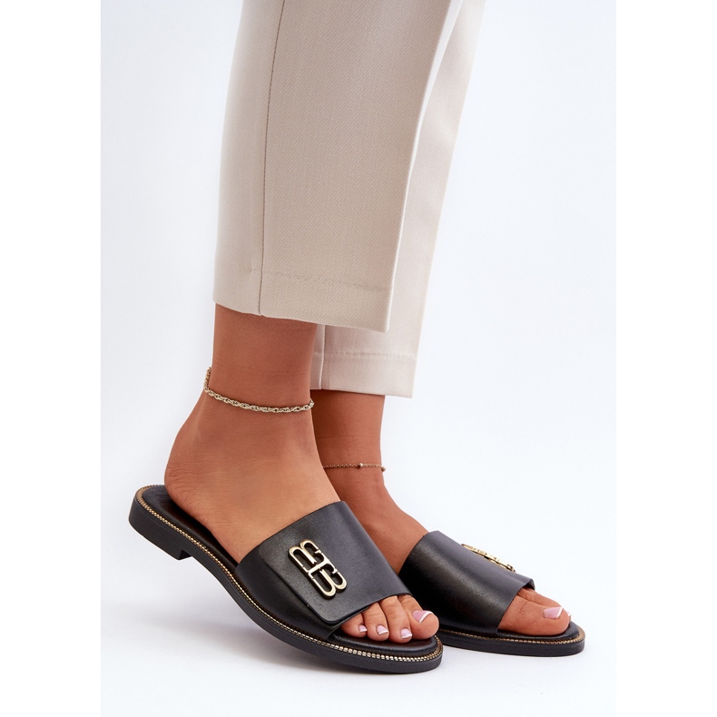 Zazoo 40384 chinelos femininos elegantes de couro, pretos 2