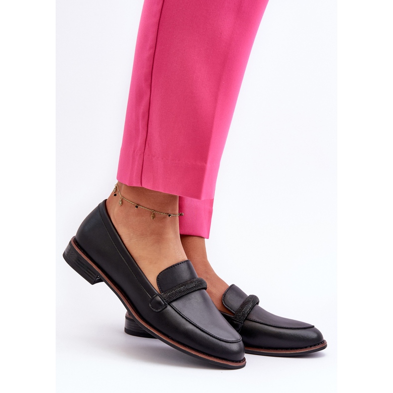 Sergio Leone Mocassins femininos de couro com alça decorativa, Saosin preto 2